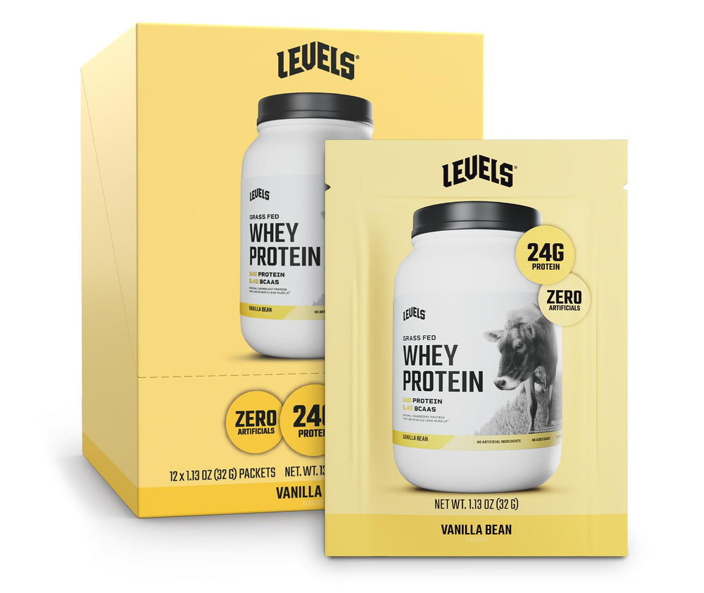 Levels Grass-Fed Whey Vanilla Bean bottle showcases premium protein for daily workouts.