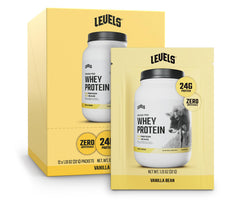 Levels Grass-Fed Whey Vanilla Bean bottle showcases premium protein for daily workouts.