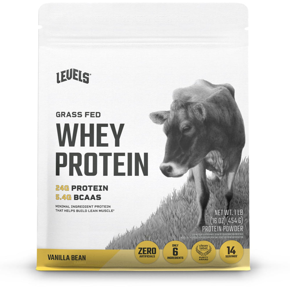Levels Grass Fed Whey Vanilla Bean bottle showcases clean protein for daily fueling.