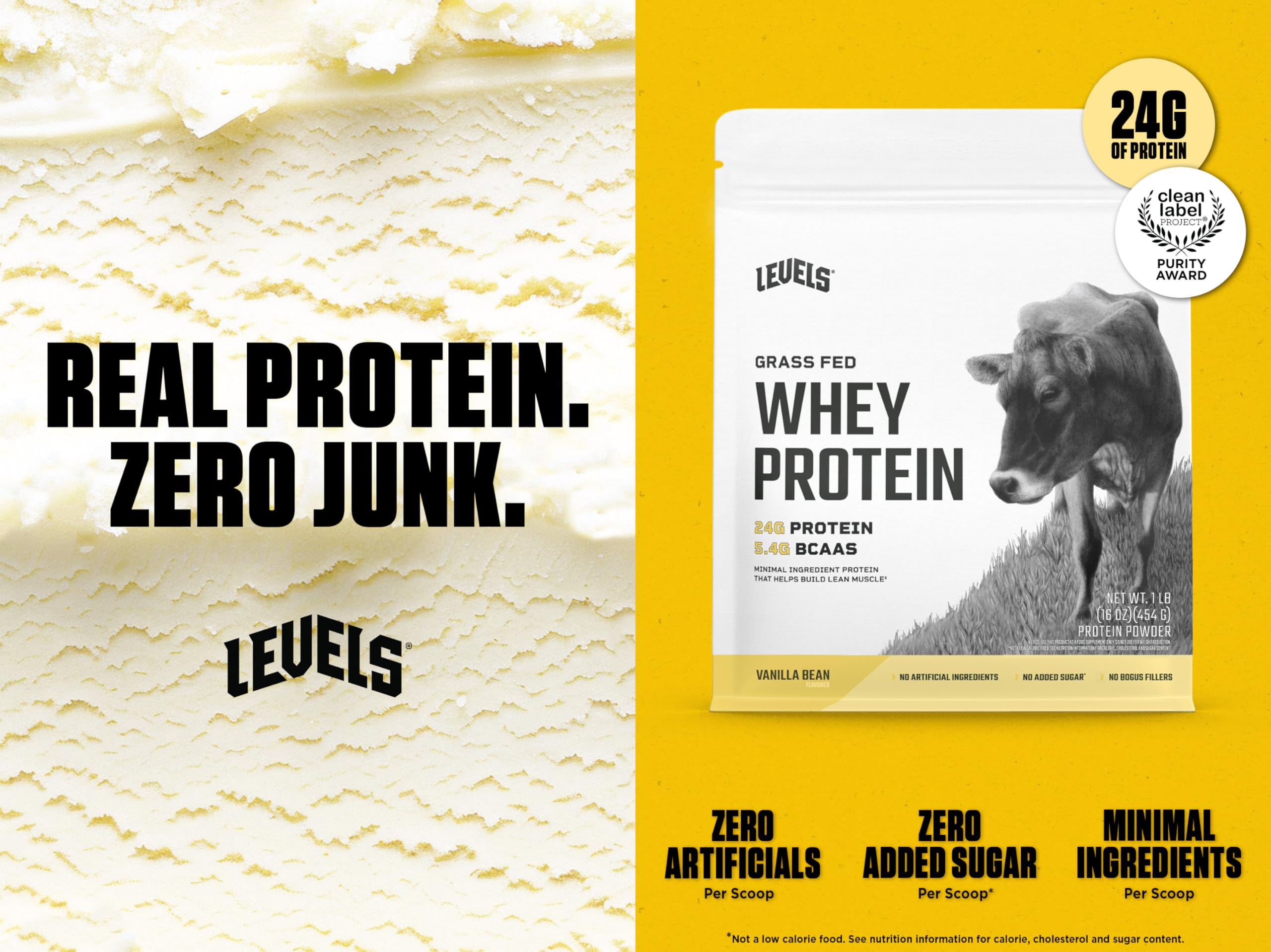 Levels Grass Fed Whey Vanilla label close-up highlights natural ingredients and no artificial flavors.