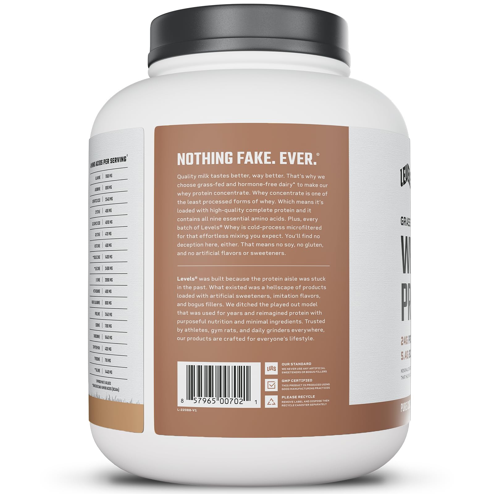 Made in USA badge on Levels whey tub