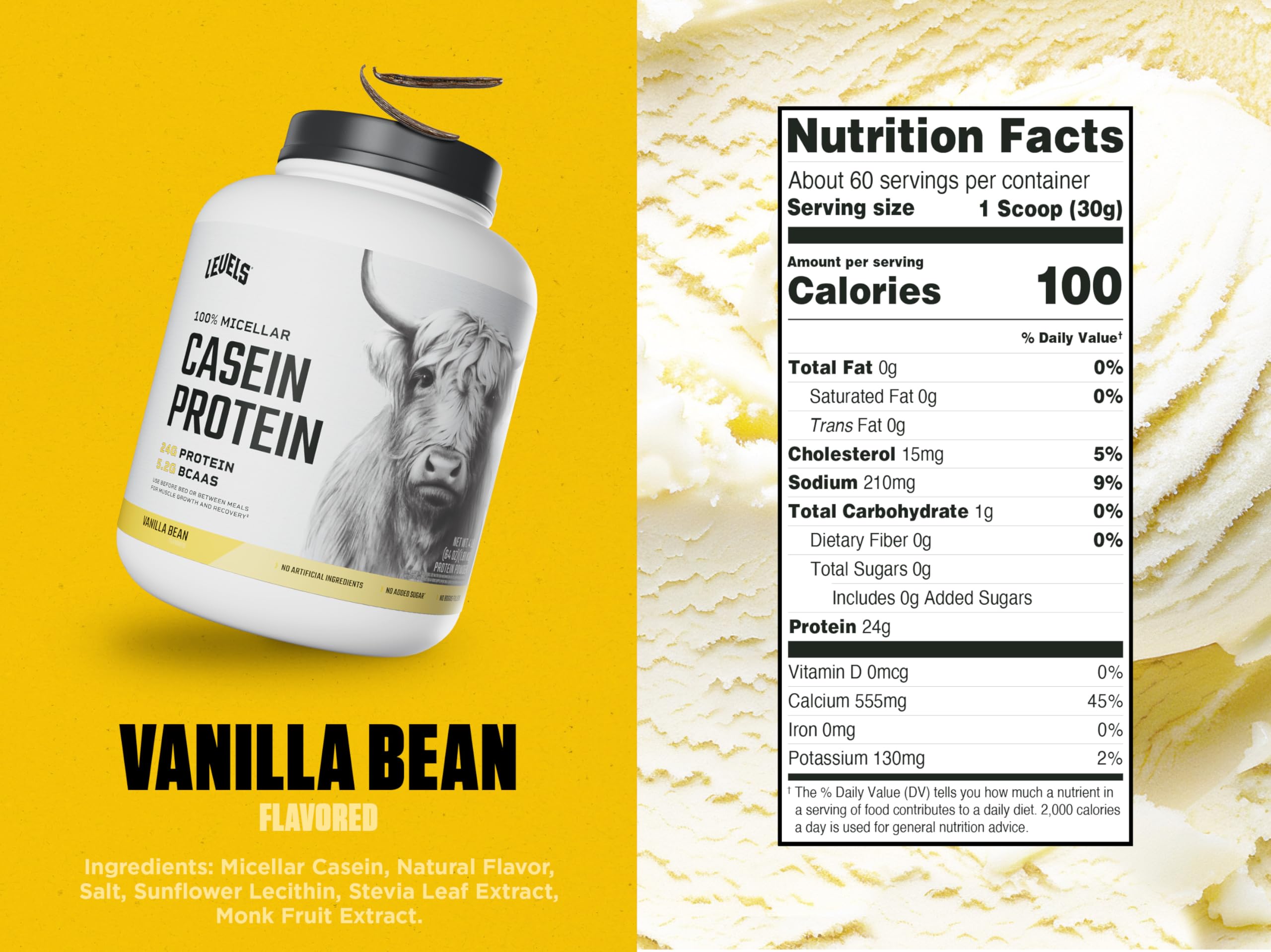Levels micellar casein vanilla bottle beside a glass, suggesting a smooth, easy-mix shake