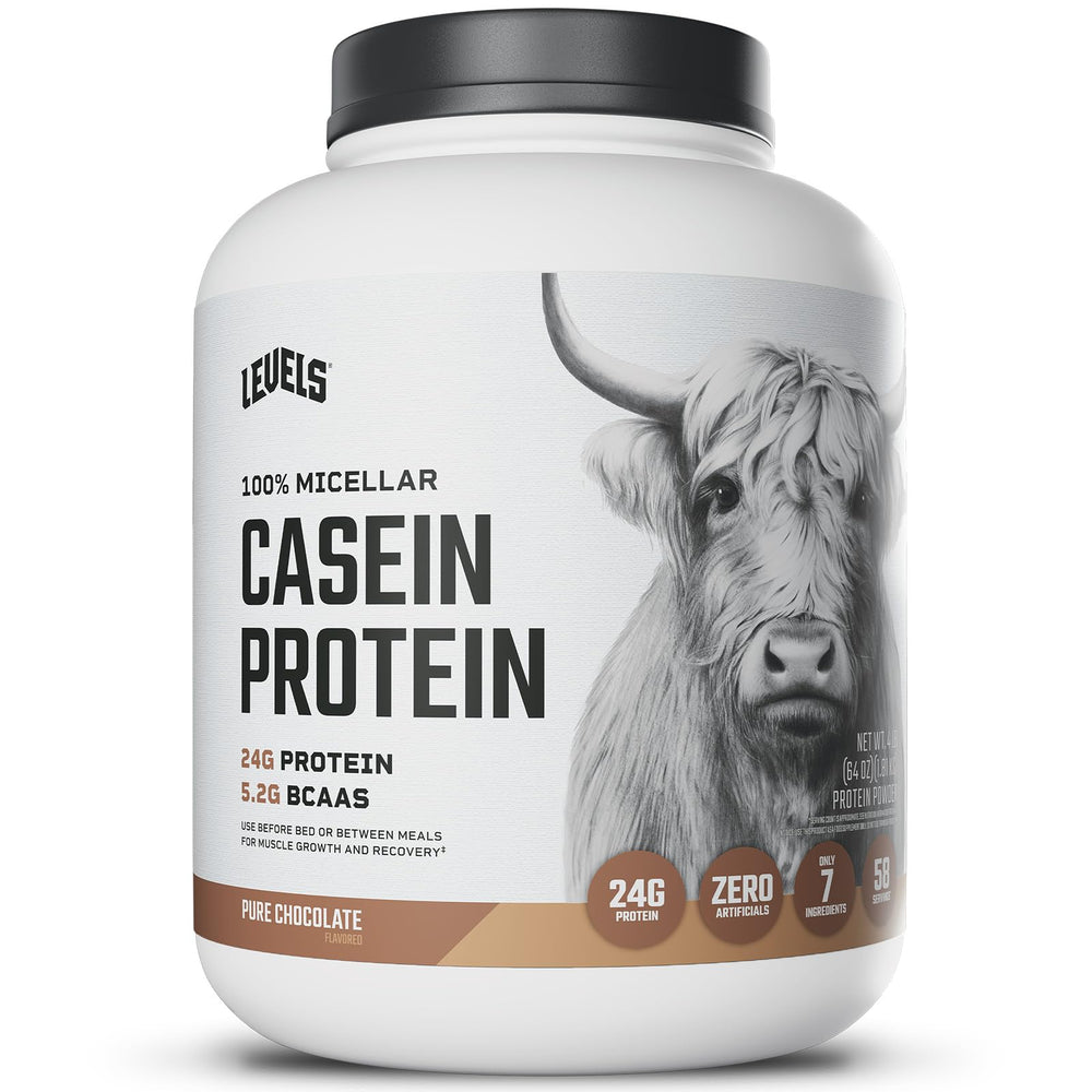 Levels Nutrition chocolate casein tub front showing premium protein for daily fueling