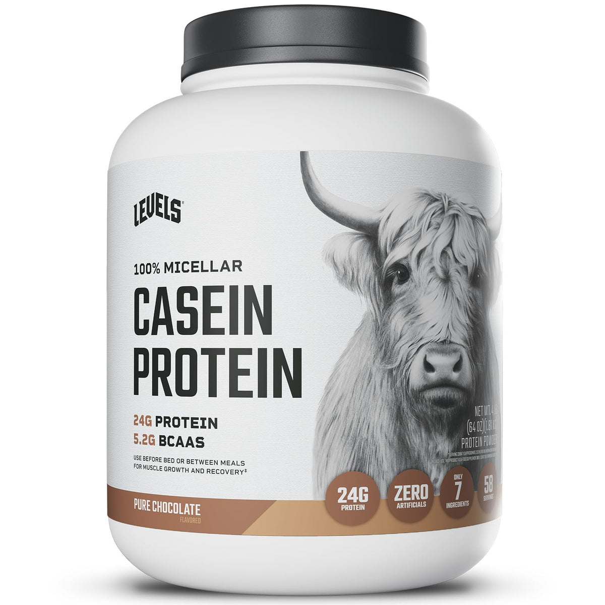 Levels Nutrition chocolate casein tub front showing premium protein for daily fueling