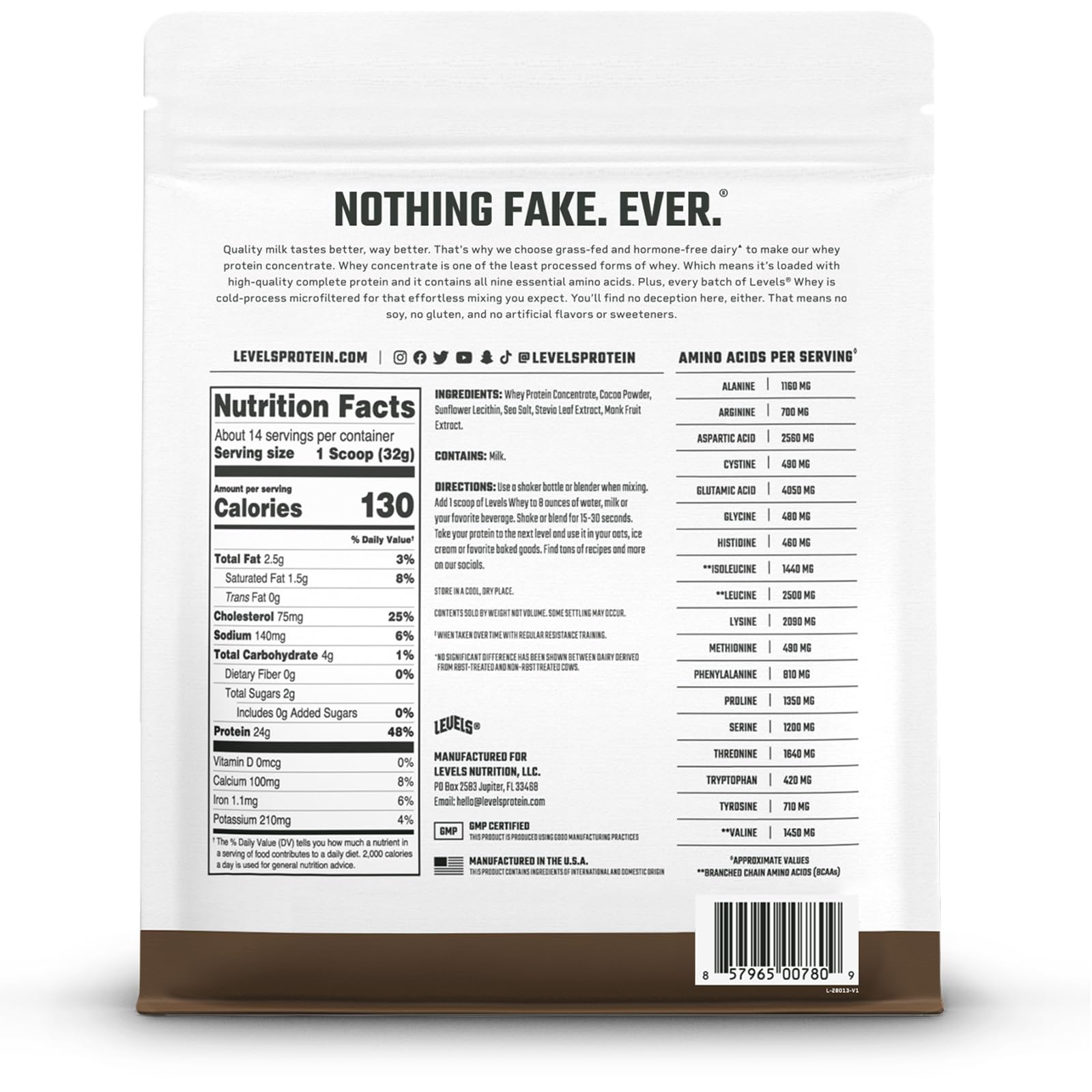 Levels Grass-Fed Whey nutrition facts highlight 24 g protein.