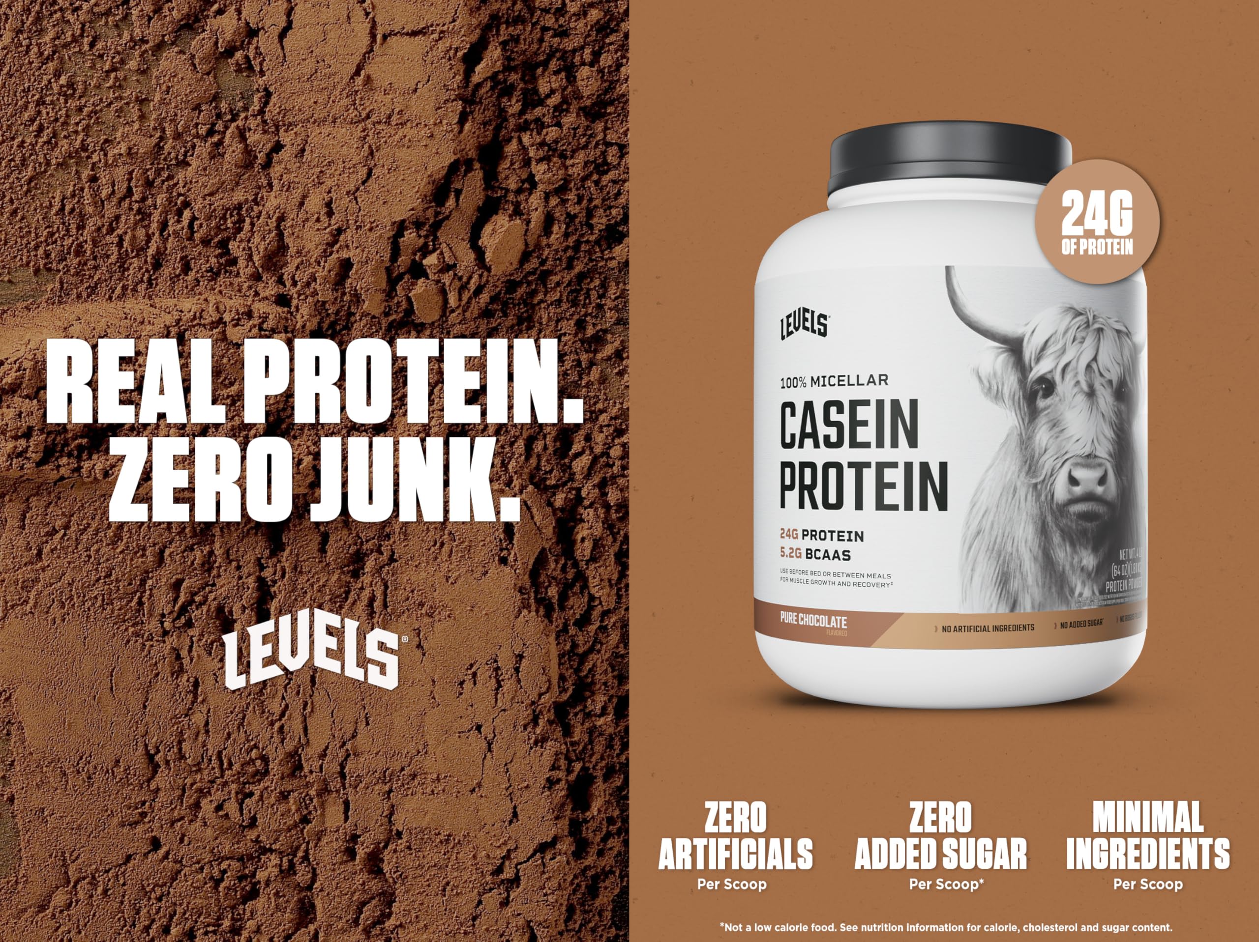 Levels Nutrition micellar casein powder close-up highlighting high-quality protein and complete amino acids