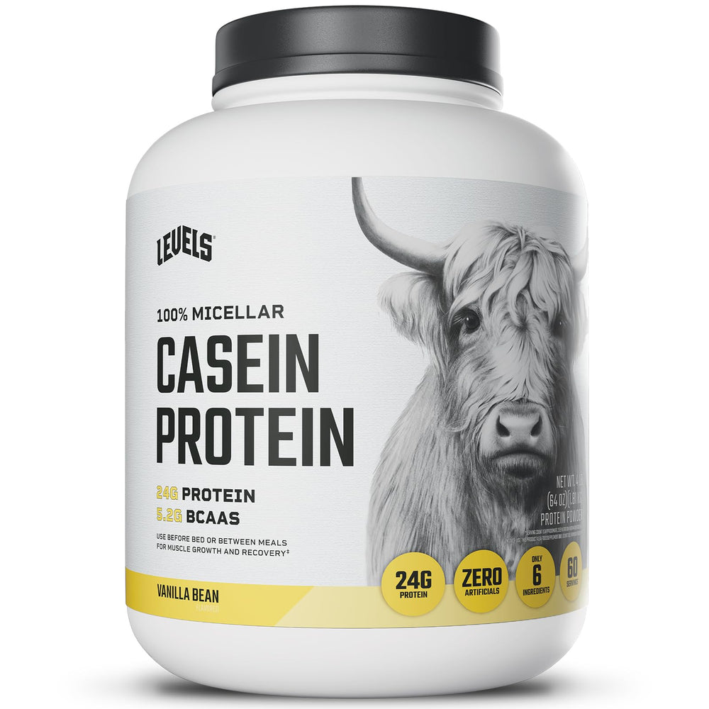 Levels Nutrition vanilla bean casein bag shows creamy powder ideal for steady protein fueling