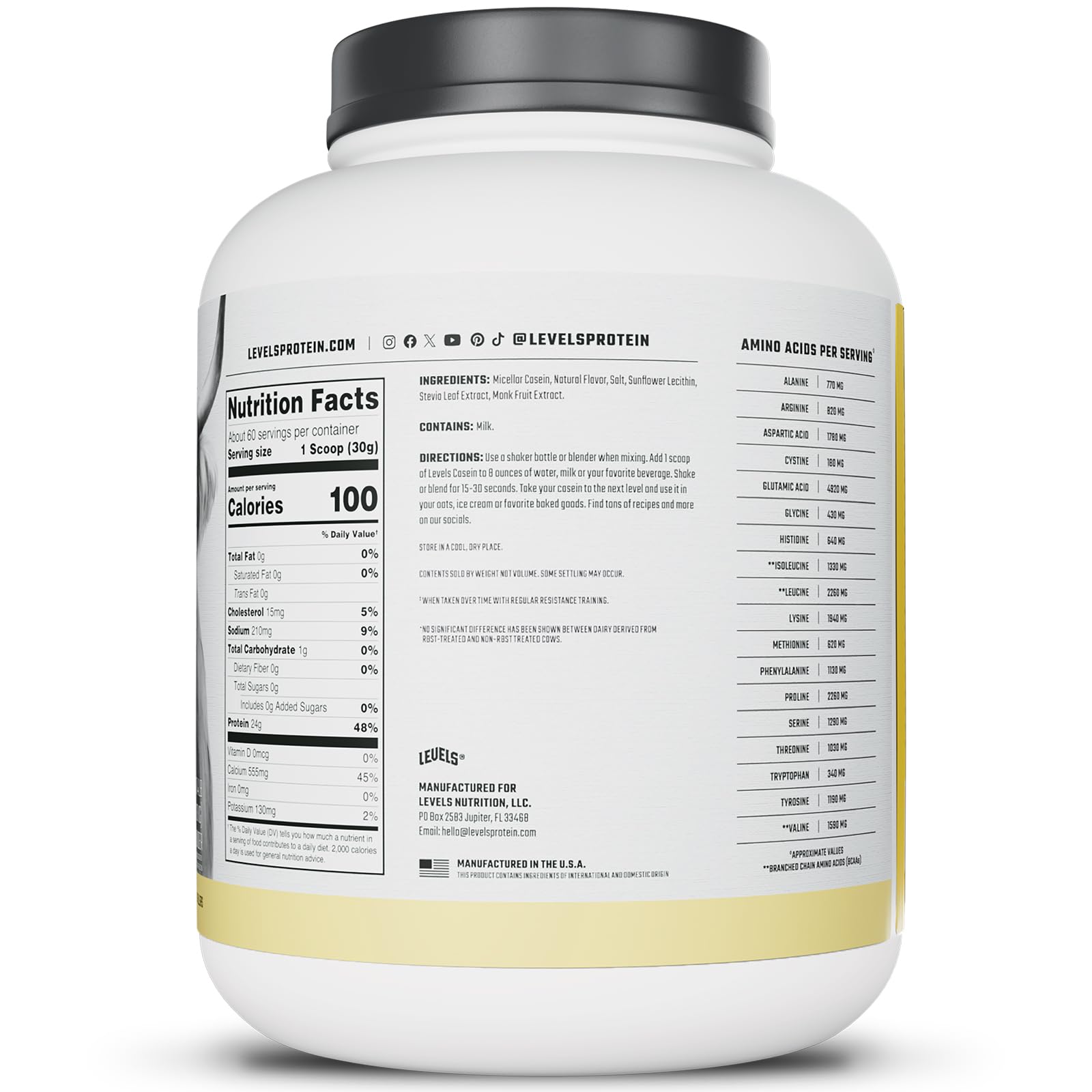 Levels vanilla bean casein label highlights hormone-free dairy and clean ingredients