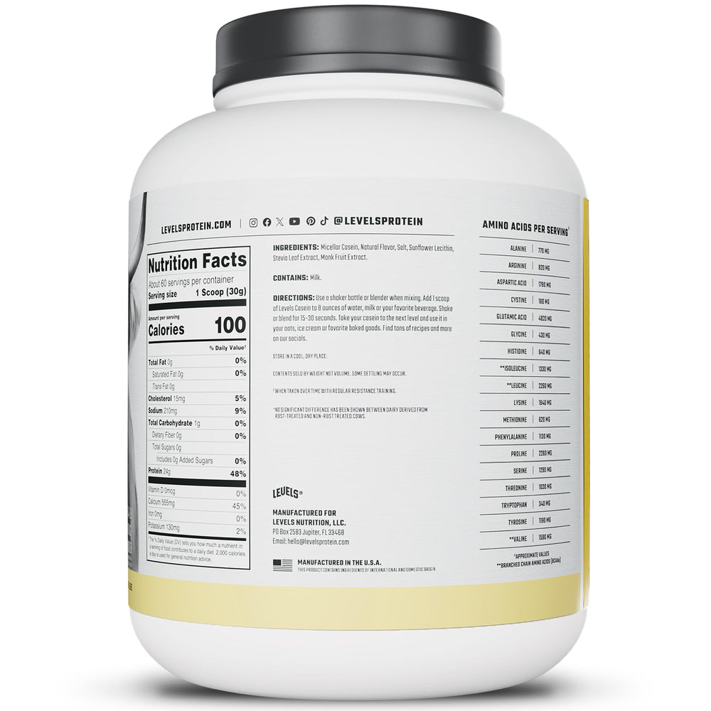 Levels vanilla bean casein label highlights hormone-free dairy and clean ingredients