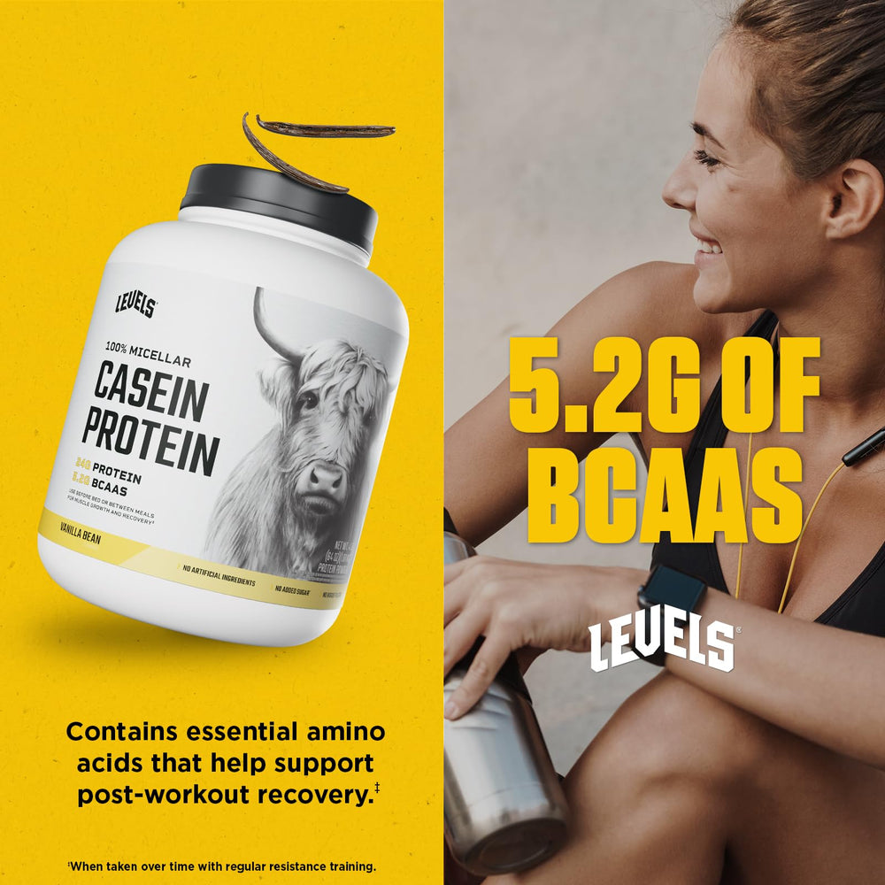 Levels vanilla bean casein powder close-up highlighting natural vanilla flavor
