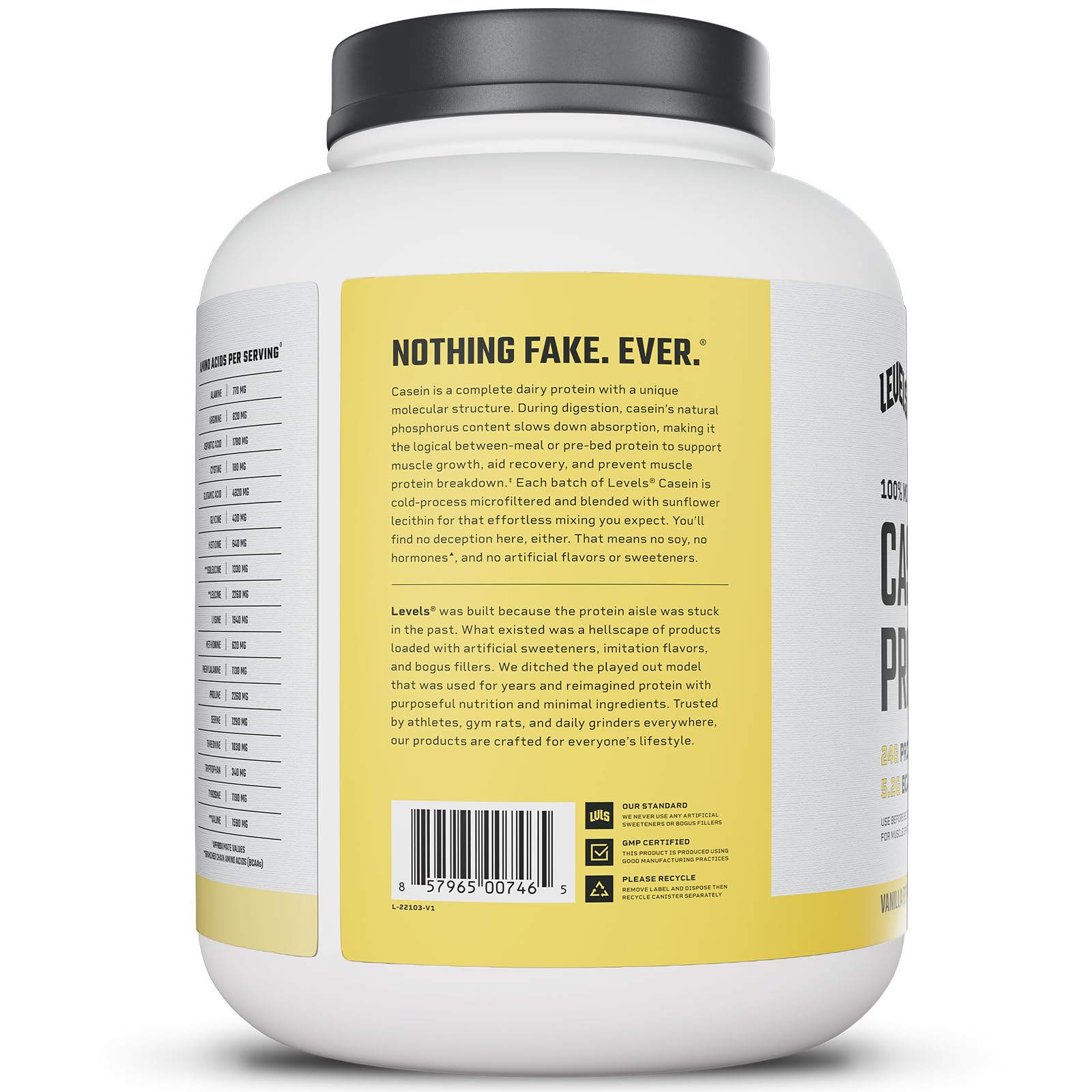 Levels vanilla bean casein ready-to-use tub on kitchen counter