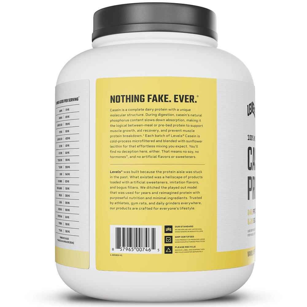 Levels vanilla bean casein ready-to-use tub on kitchen counter