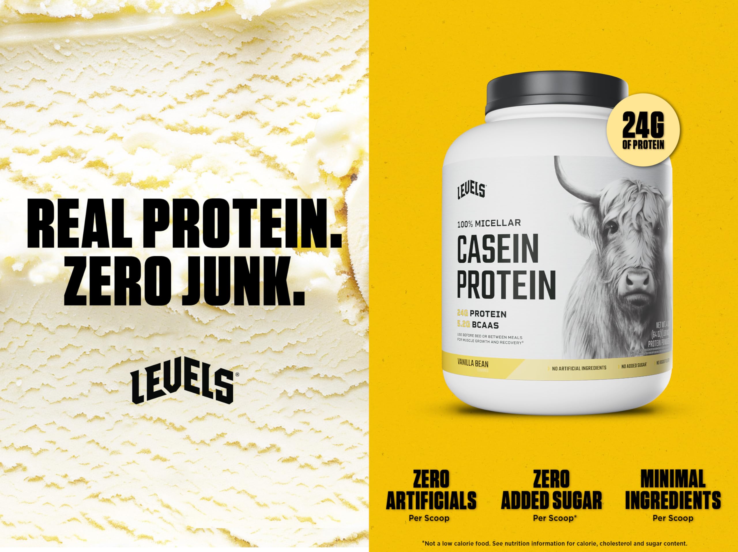 Levels vanilla bean casein scoop demonstrates measured serving for night-time protein