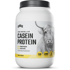 Levels Vanilla Bean Casein tub front shows clean, hormone-free protein for steady shakes.