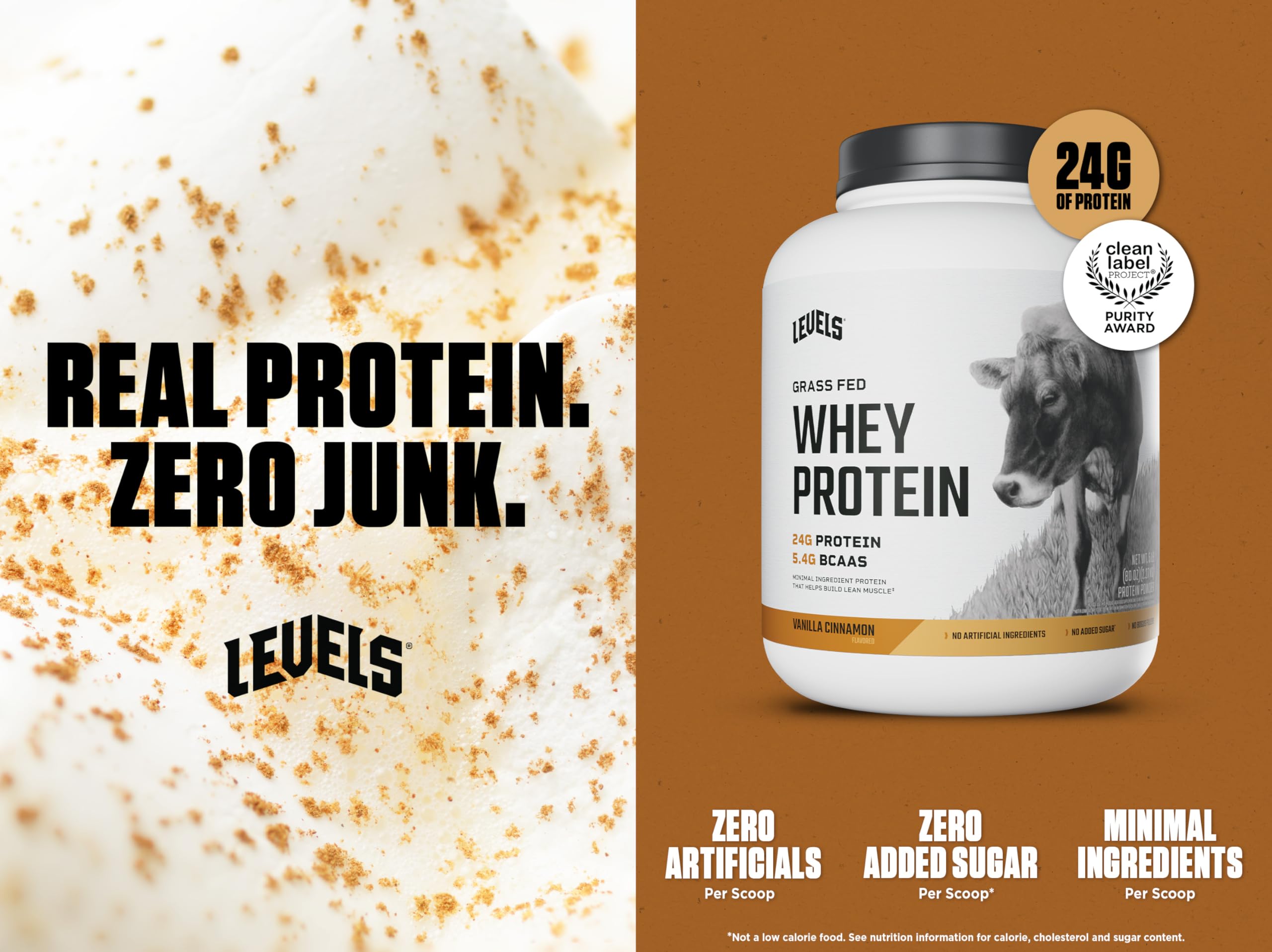 Levels Vanilla Cinnamon flavor scoop highlighting 24g protein per serving