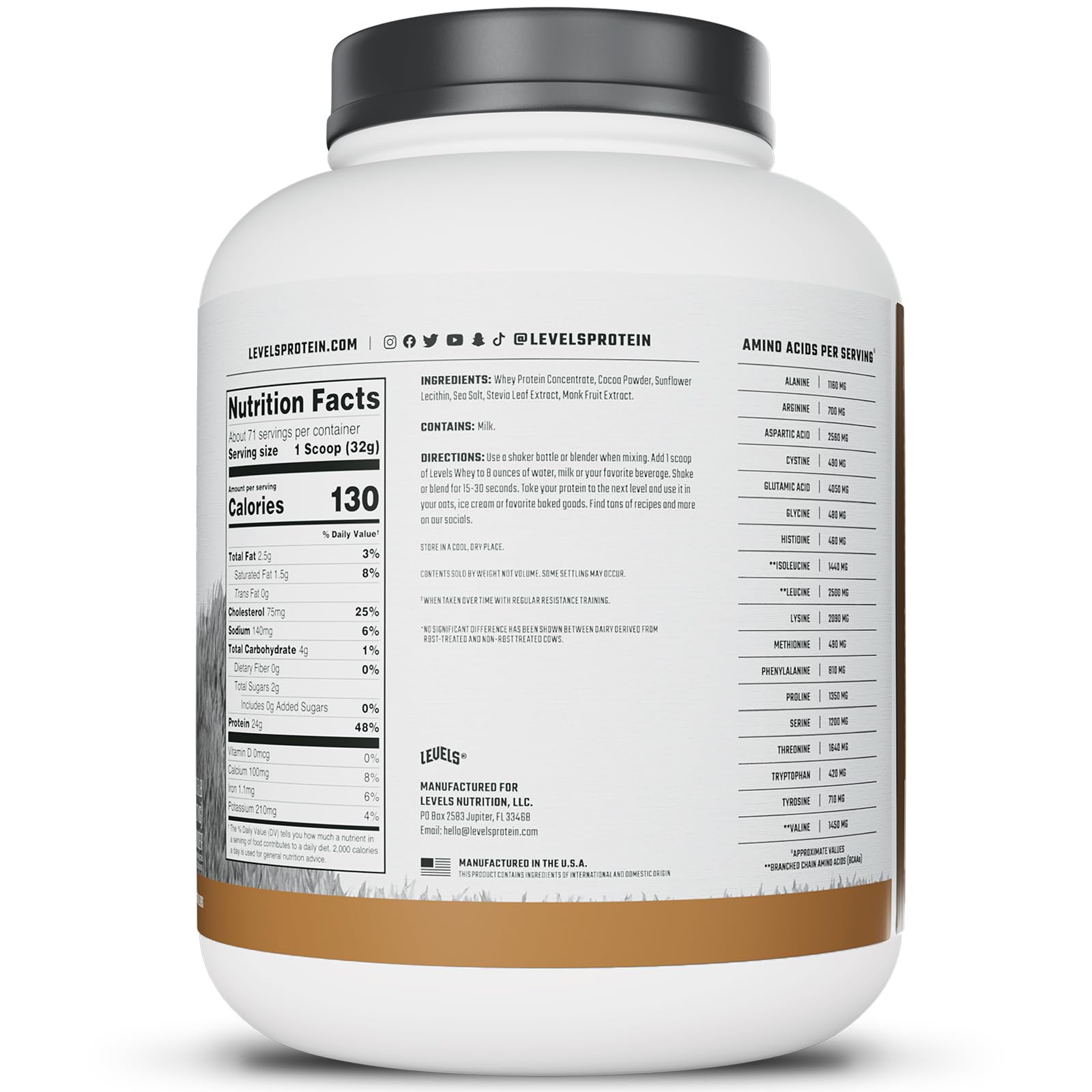 Levels Whey 5lb jar packaging signals long-lasting supply