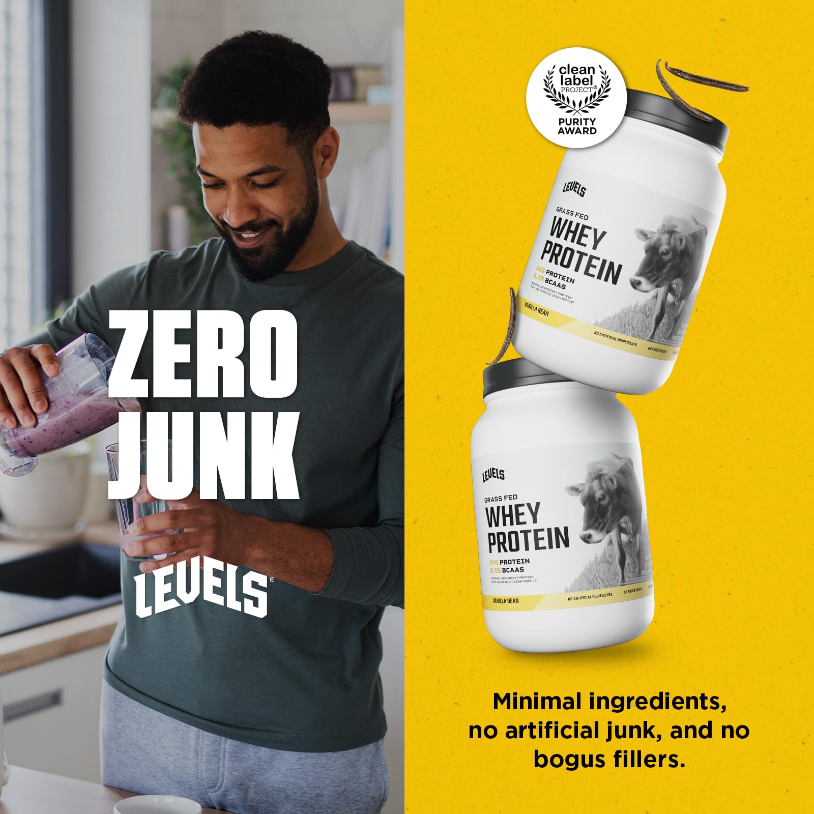 Levels Whey bottle on counter ready for a shake