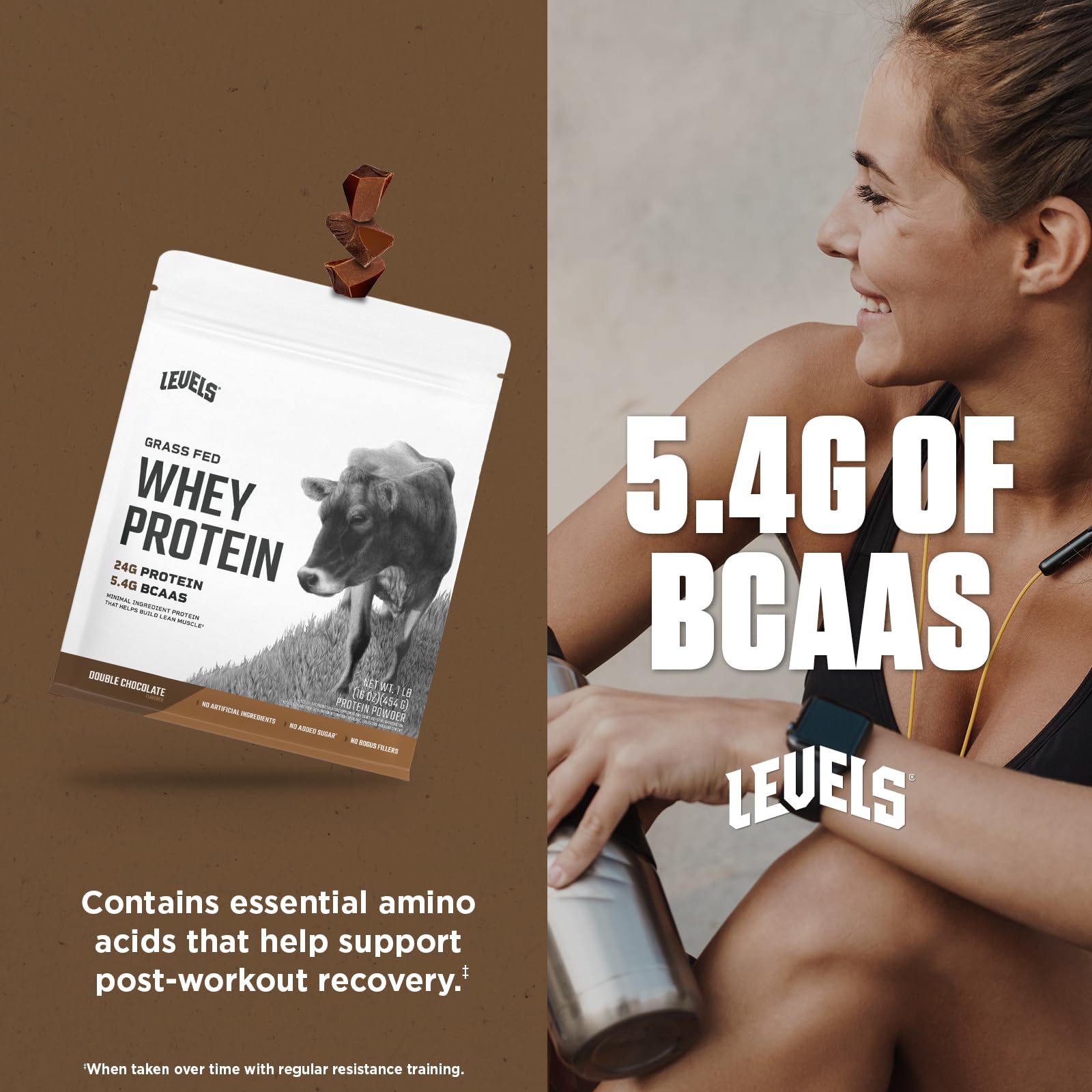 Levels Grass-Fed whey with monk-fruit—sugar-free, clean taste.