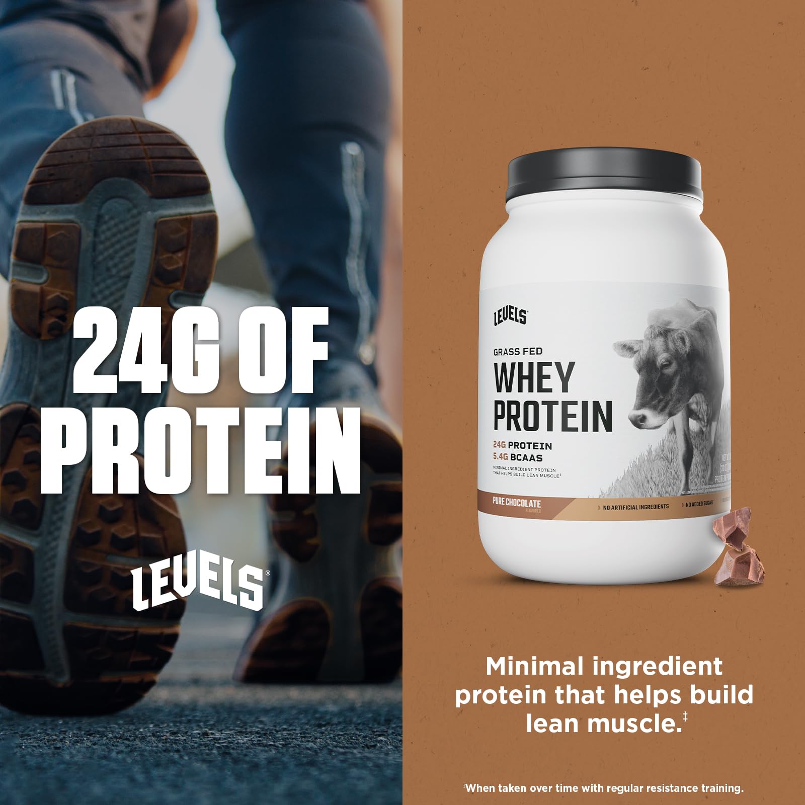 Levels Whey pouring into a shaker demonstrates easy mixing with non-GMO lecithin.