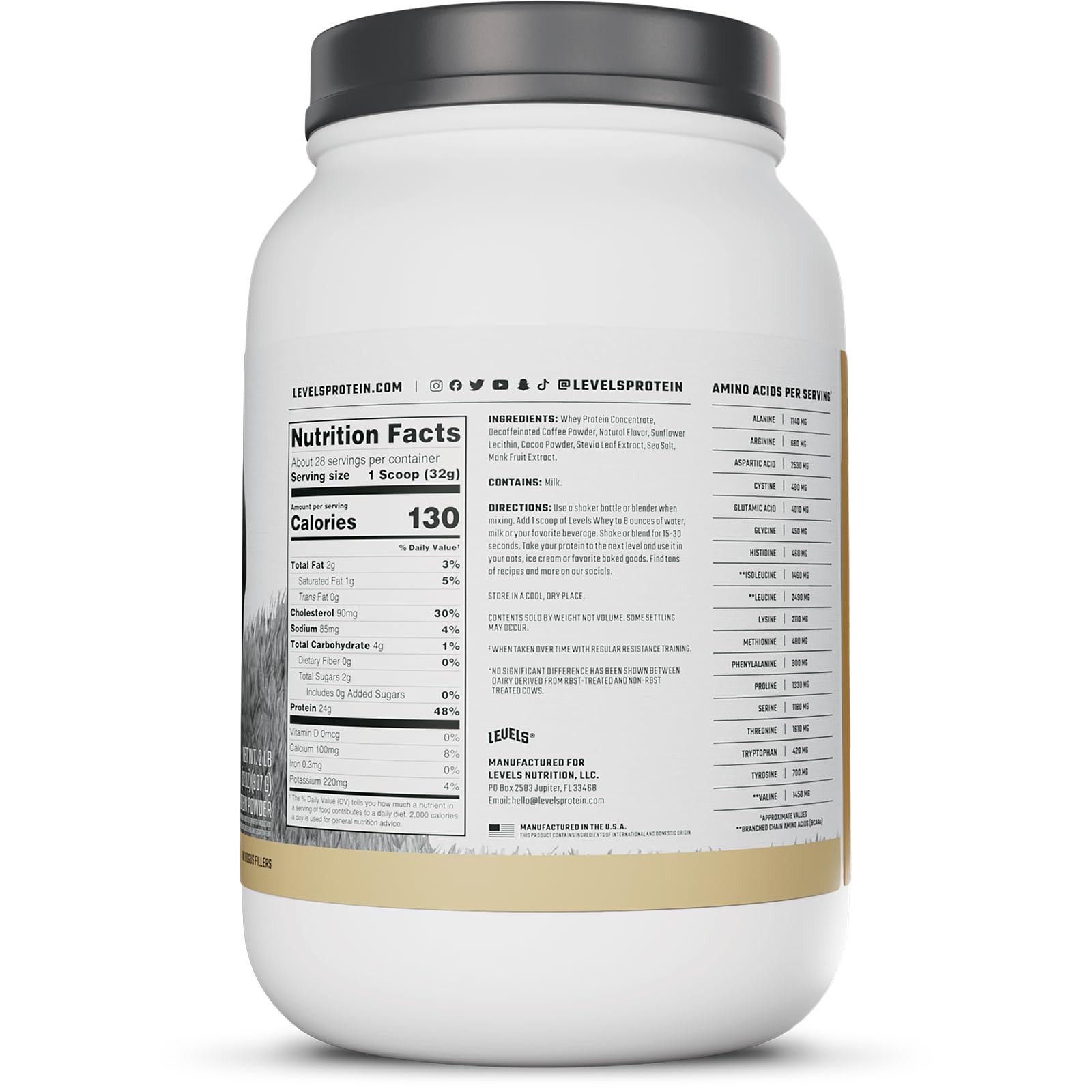 Levels protein bottle on shelf signaling USA-made quality.