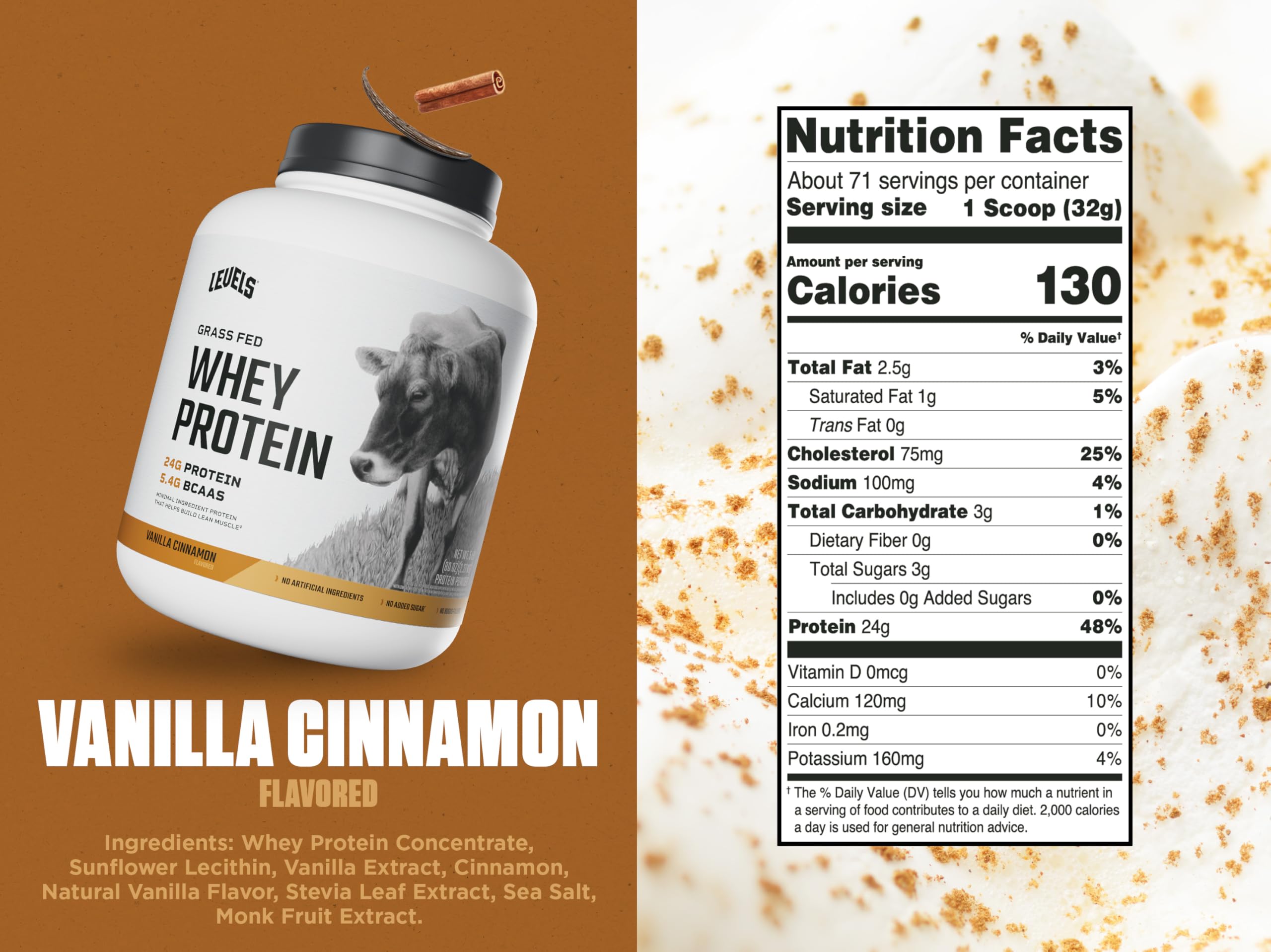 Levels Whey protein label nutrition with 24g protein and BCAAs