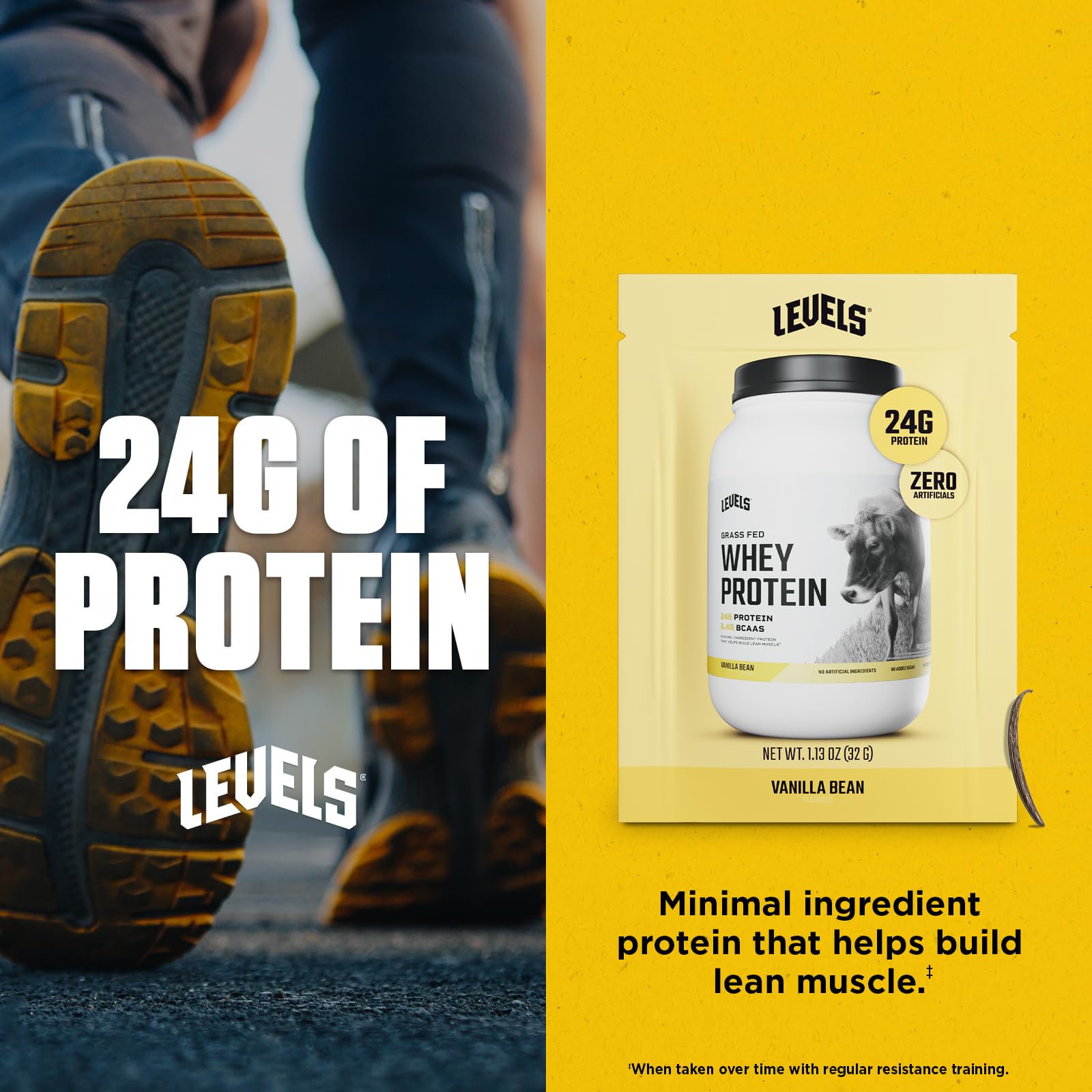 Levels Whey protein mix glass demonstrates a creamy, shake-ready texture.