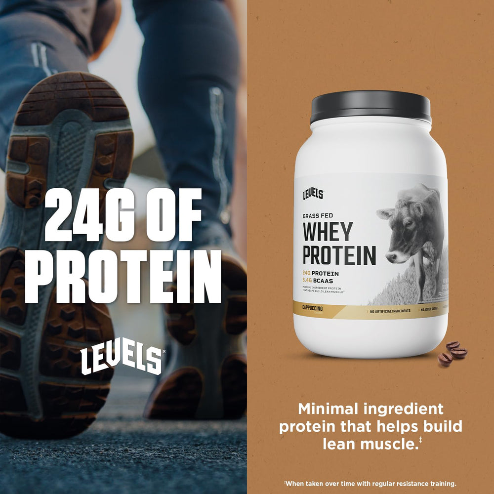 Levels whey protein mix shown being poured into a glass for a shake.