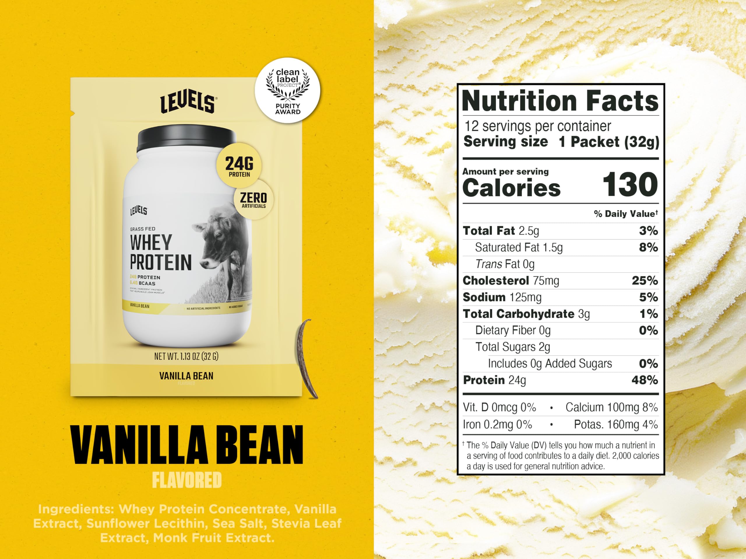 Levels Whey Protein scoop with vanilla flavor promotes easy, smooth mixing.