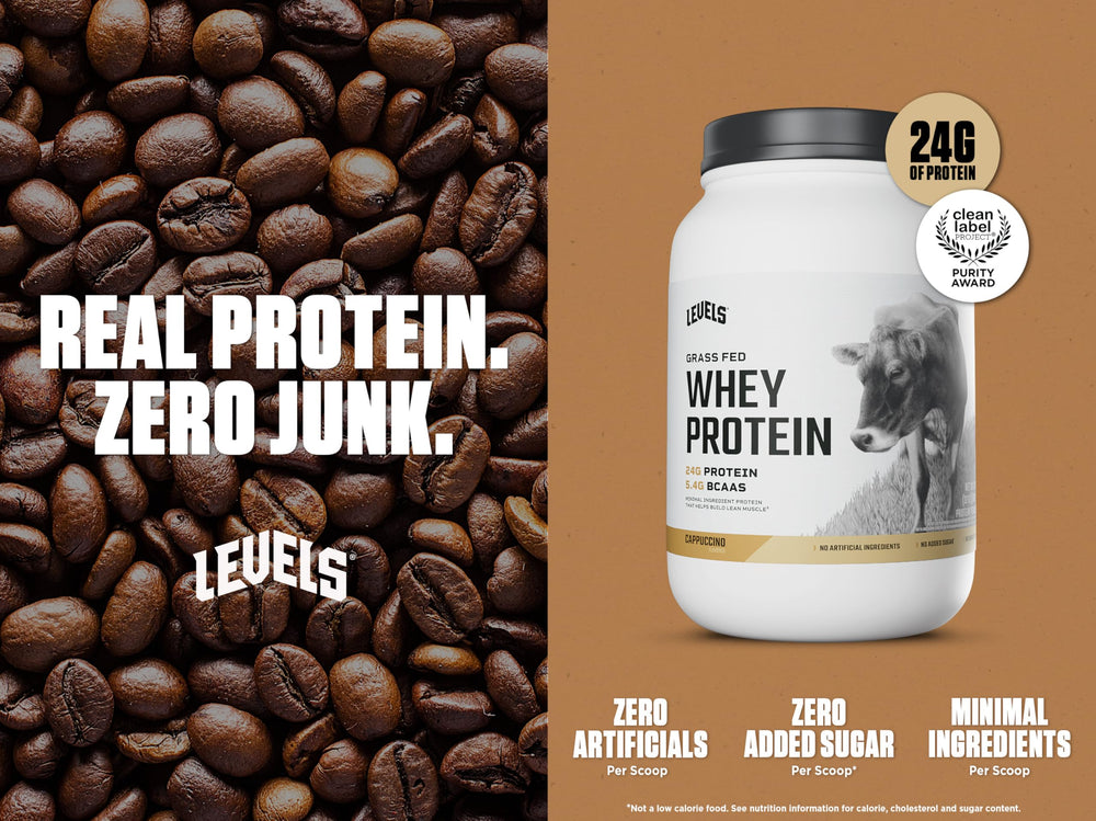 Levels whey protein scoop for quick 24g protein boost after workouts.