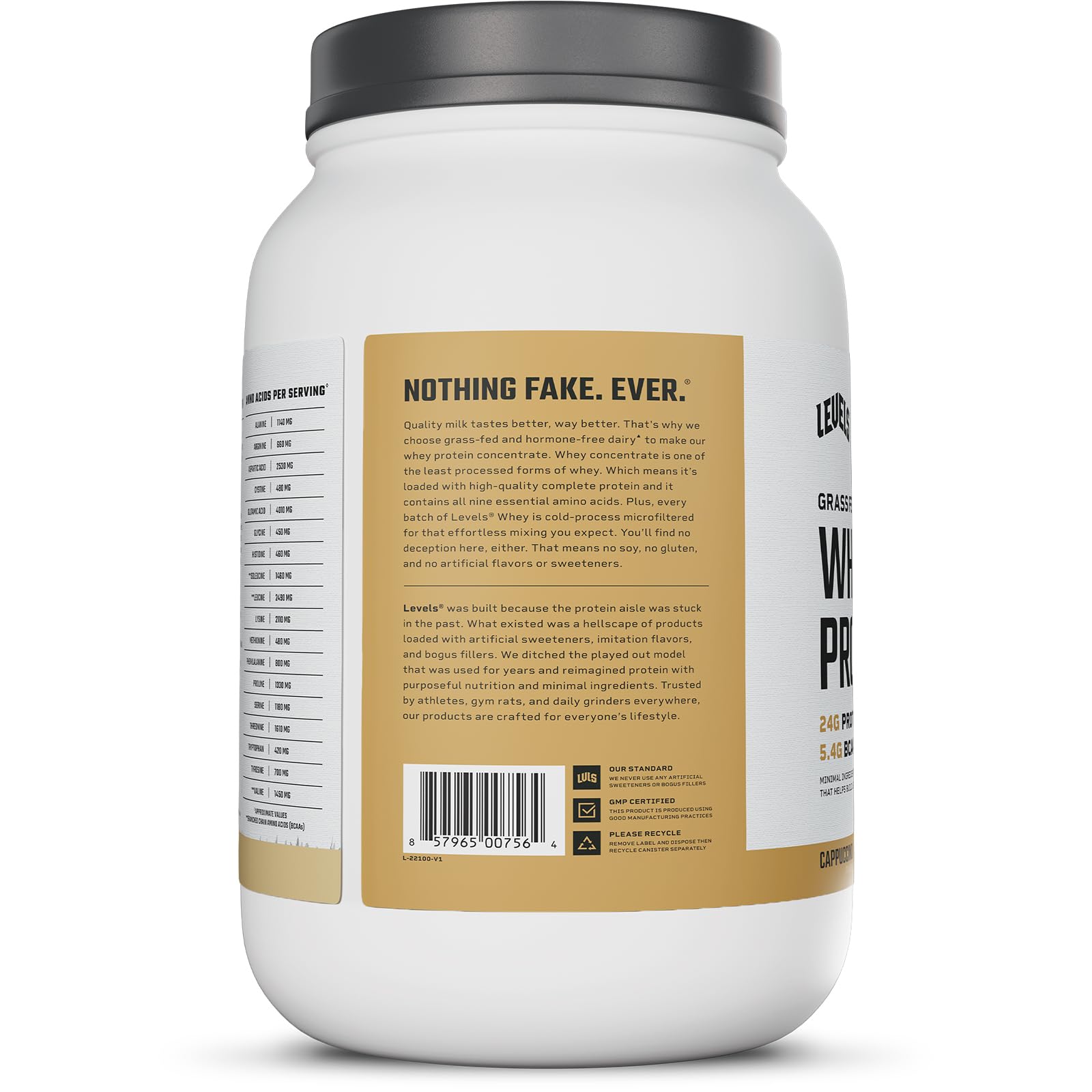 Levels whey protein crafted in the USA with cold-process filtration for quality.