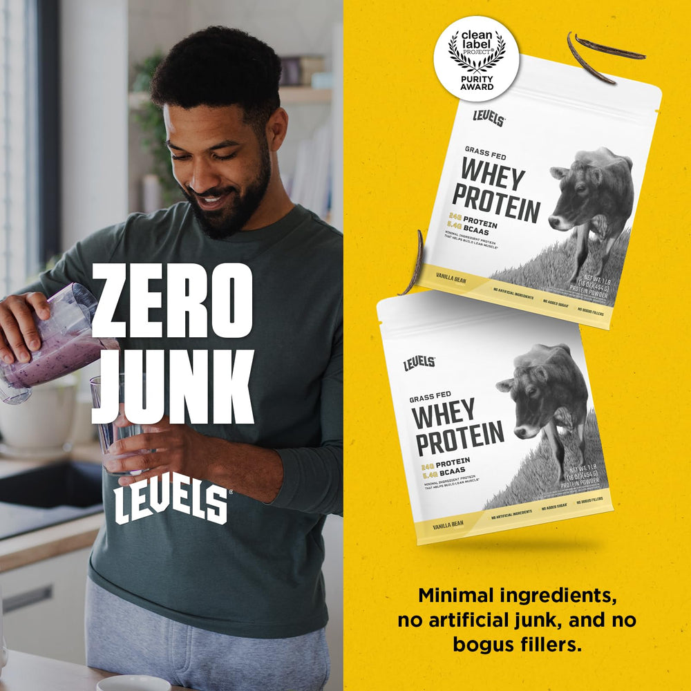 Levels whey powder USA-made stamp underscores quality processing.