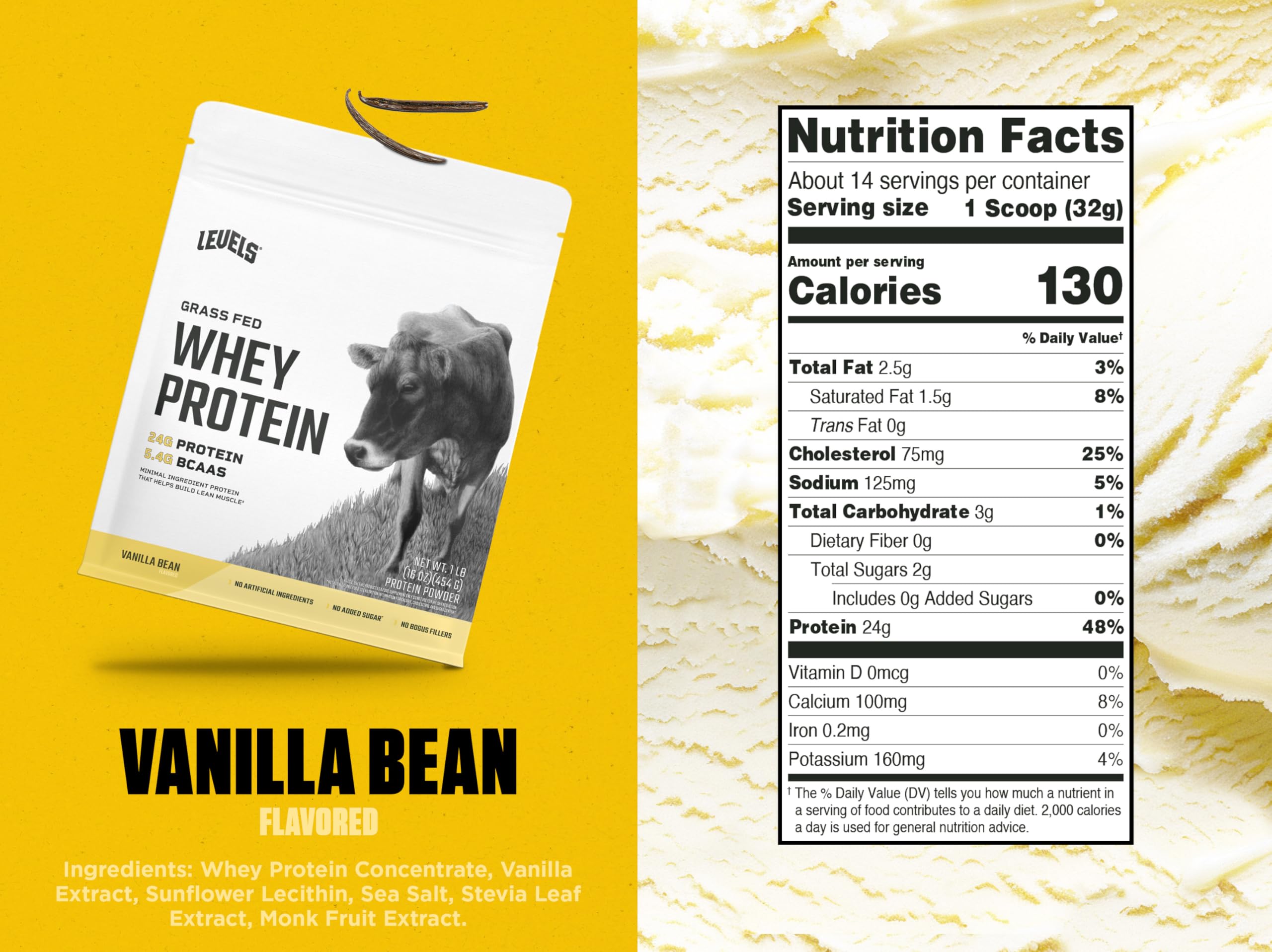 Levels Whey protein vanilla bean scoop demonstrates 24g protein per serving.