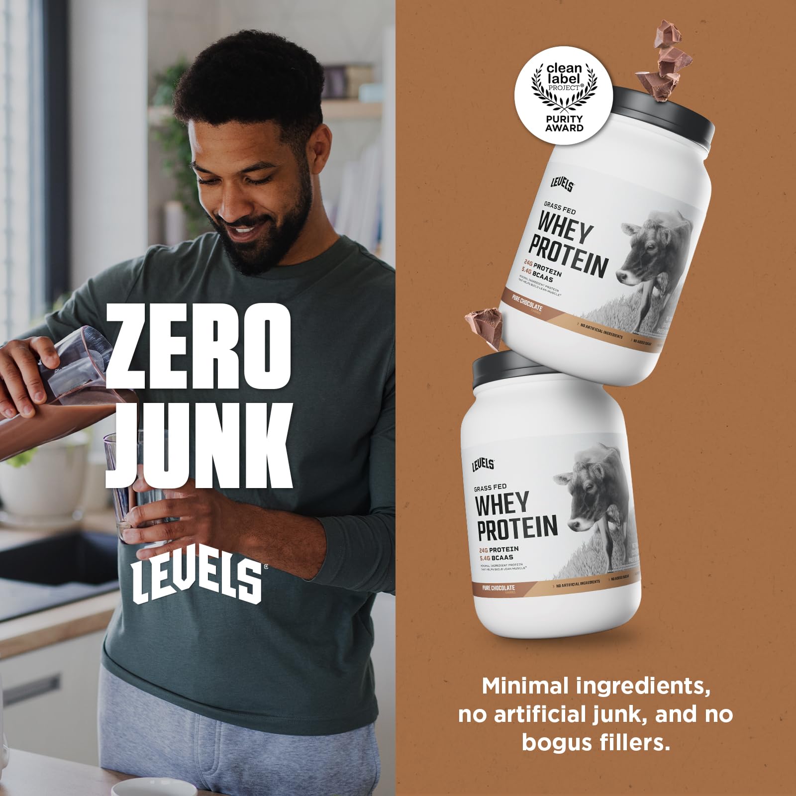 Levels Whey Pure Chocolate label highlights a clean ingredient list.