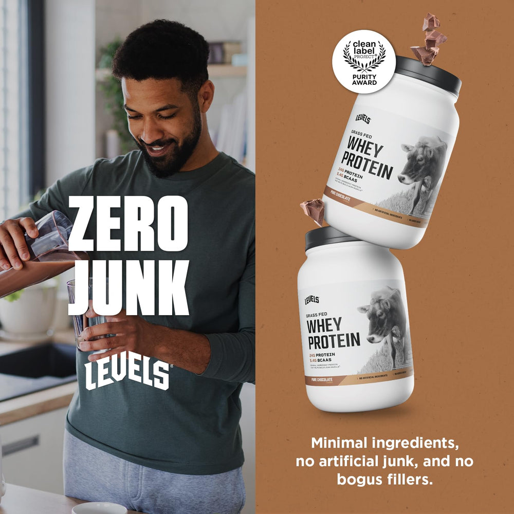 Levels Whey Pure Chocolate label highlights a clean ingredient list.