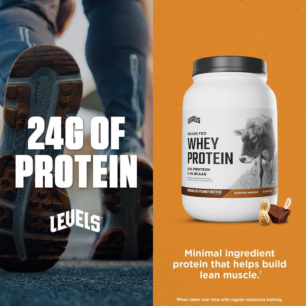 Pour shot of Levels whey into a glass, illustrating easy mixing