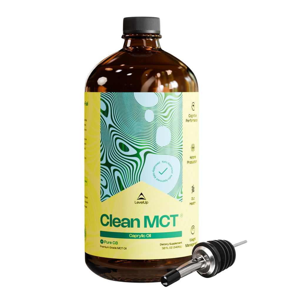 LevelUp Clean MCT Oil bottle front view for quick energy in coffee.