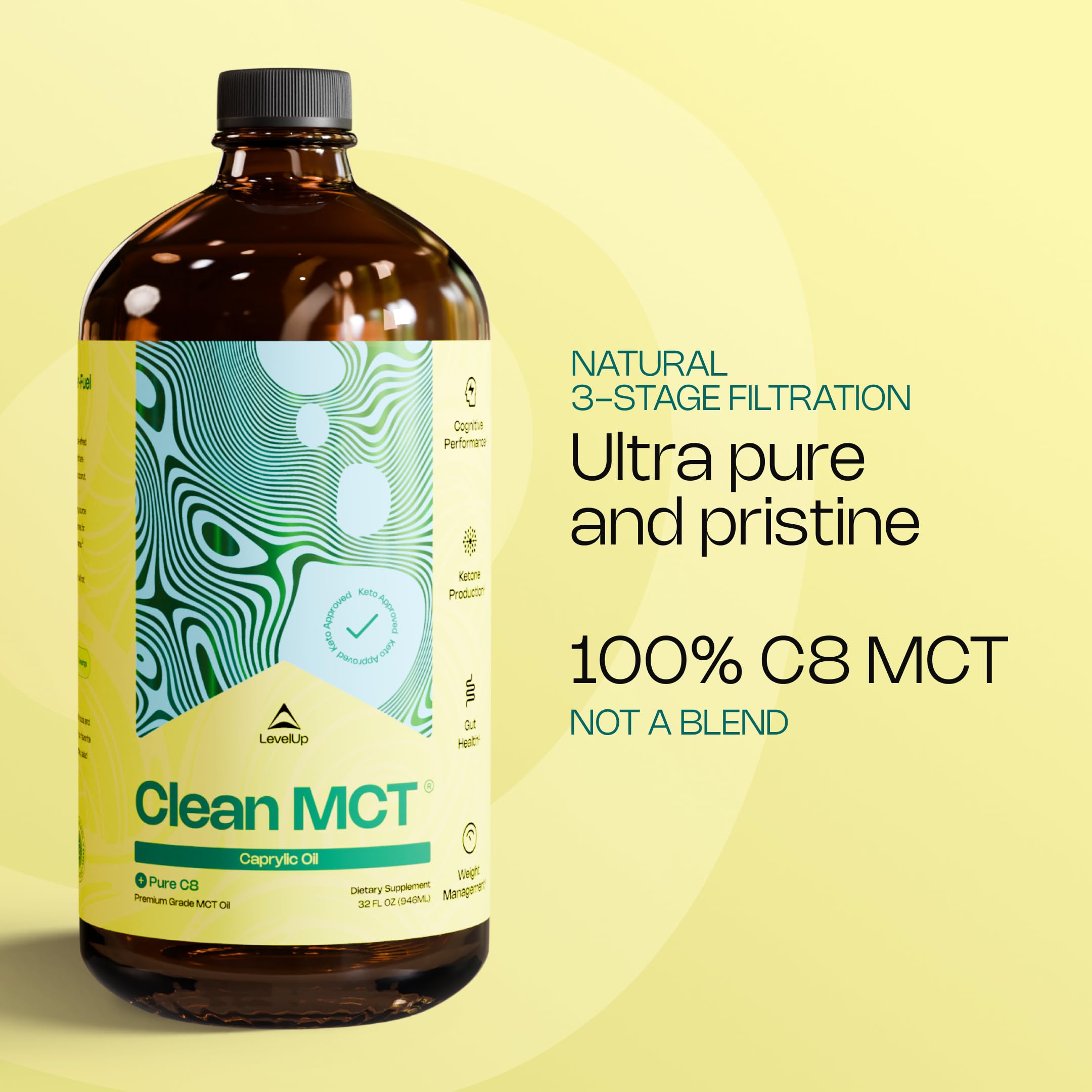 Close-up of LevelUp Clean MCT Oil bottle highlighting C8 for clean energy.