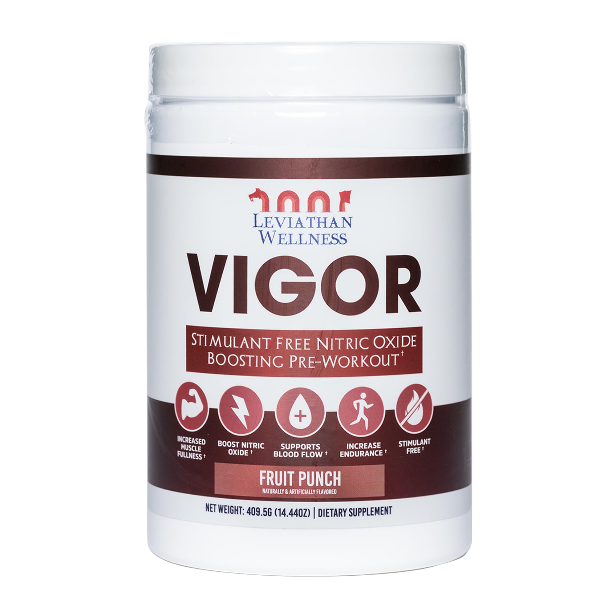 Leviathan Wellness Vigor front label showing stimulant-free nitric oxide support for workouts