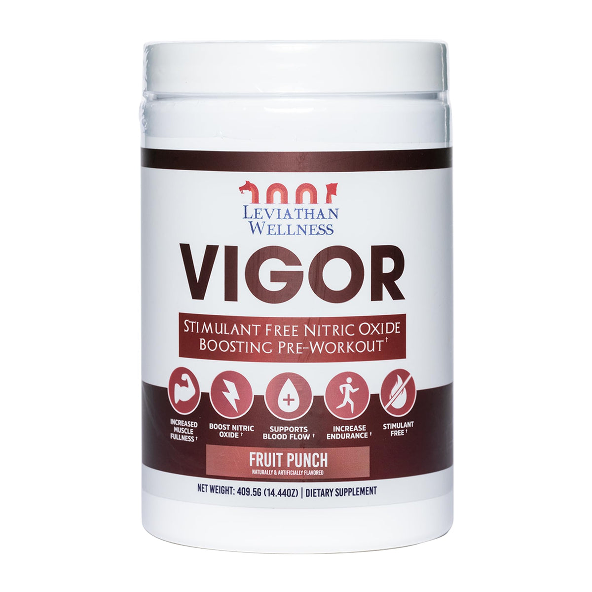 Leviathan Wellness Vigor front label showing stimulant-free nitric oxide support for workouts