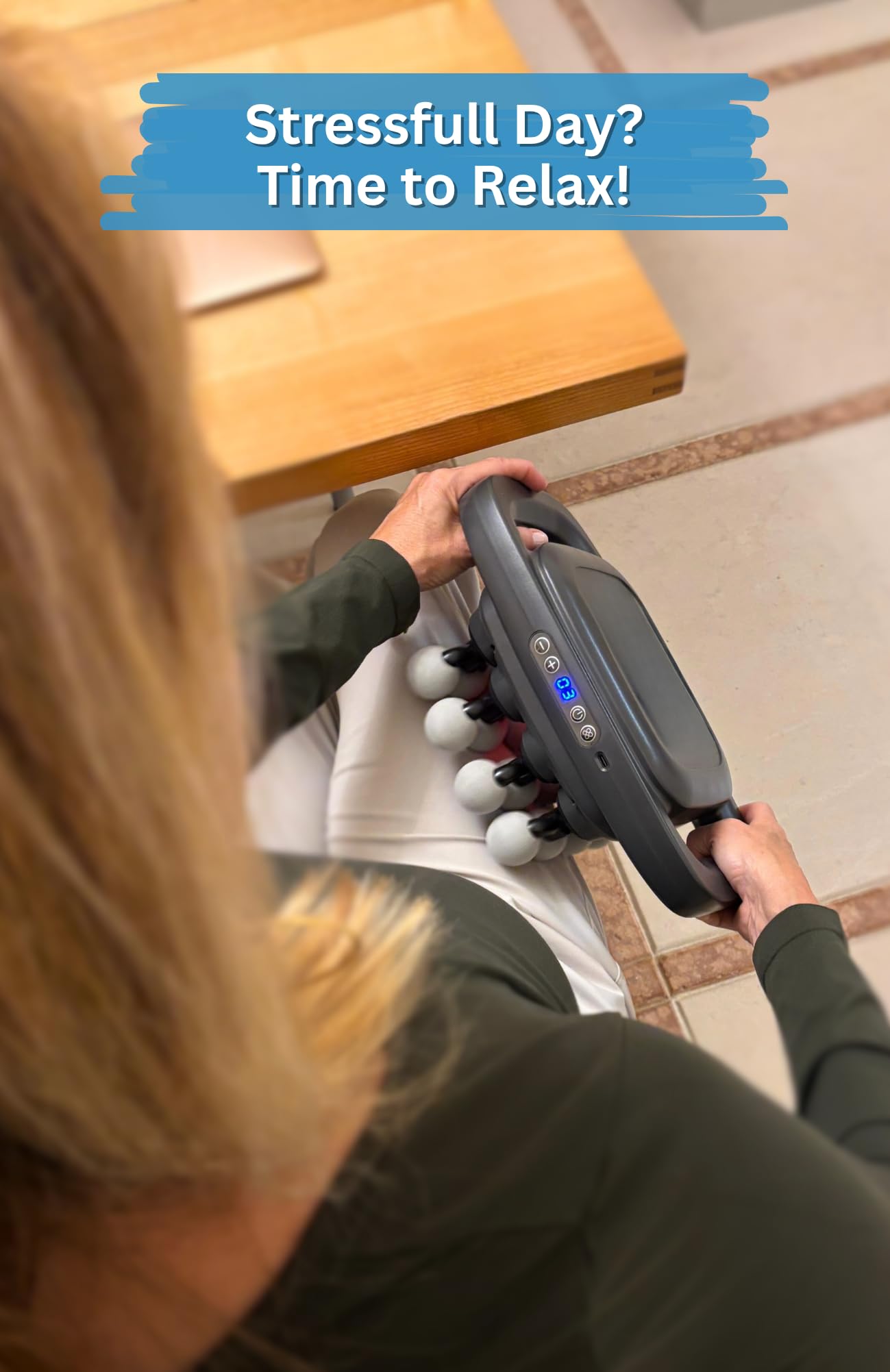 LEVILO back massage gun provides targeted relief for tight, stiff areas.