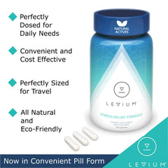 Levium bottle label close-up highlights trusted ingredients for mood balance.