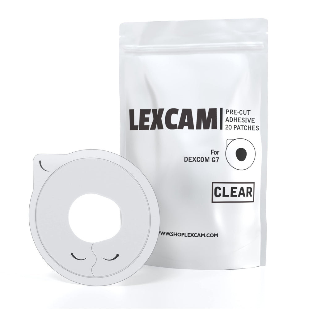 Lexcam adhesive patches applying around Dexcom G7 and Stelo sensors for secure wear.