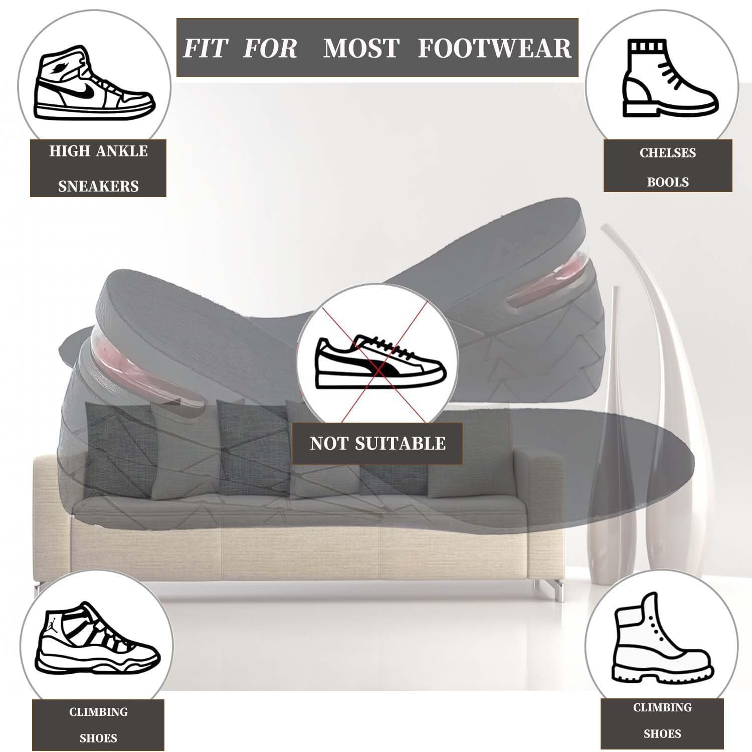 LEXEBY1 air cushion heel lift inset provides comfortable elevation in everyday wear.