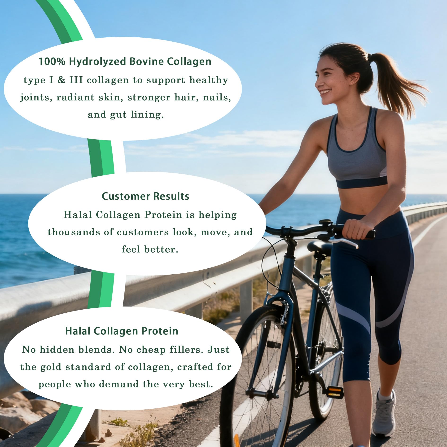 Lexenic Halal Collagen packaging emphasizing grass-fed, organic ingredients and purity.