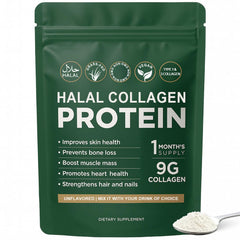 Lexenic Halal Collagen protein powder bottle for daily use supporting skin glow and joints.