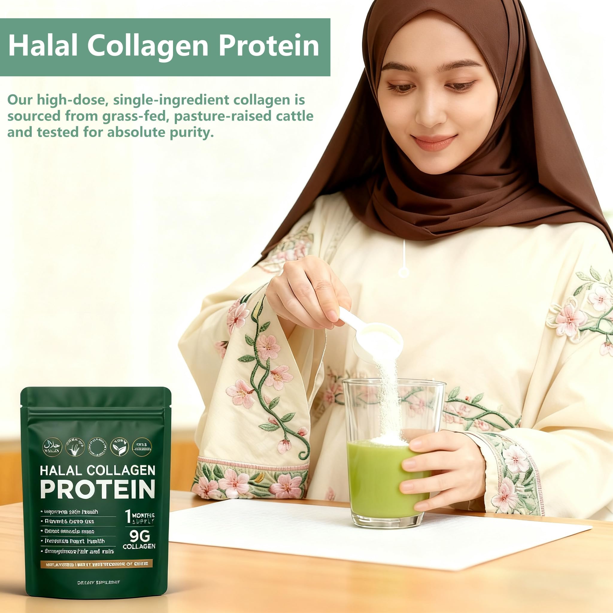 Lexenic Halal Collagen bottle highlighting skin and nails support.