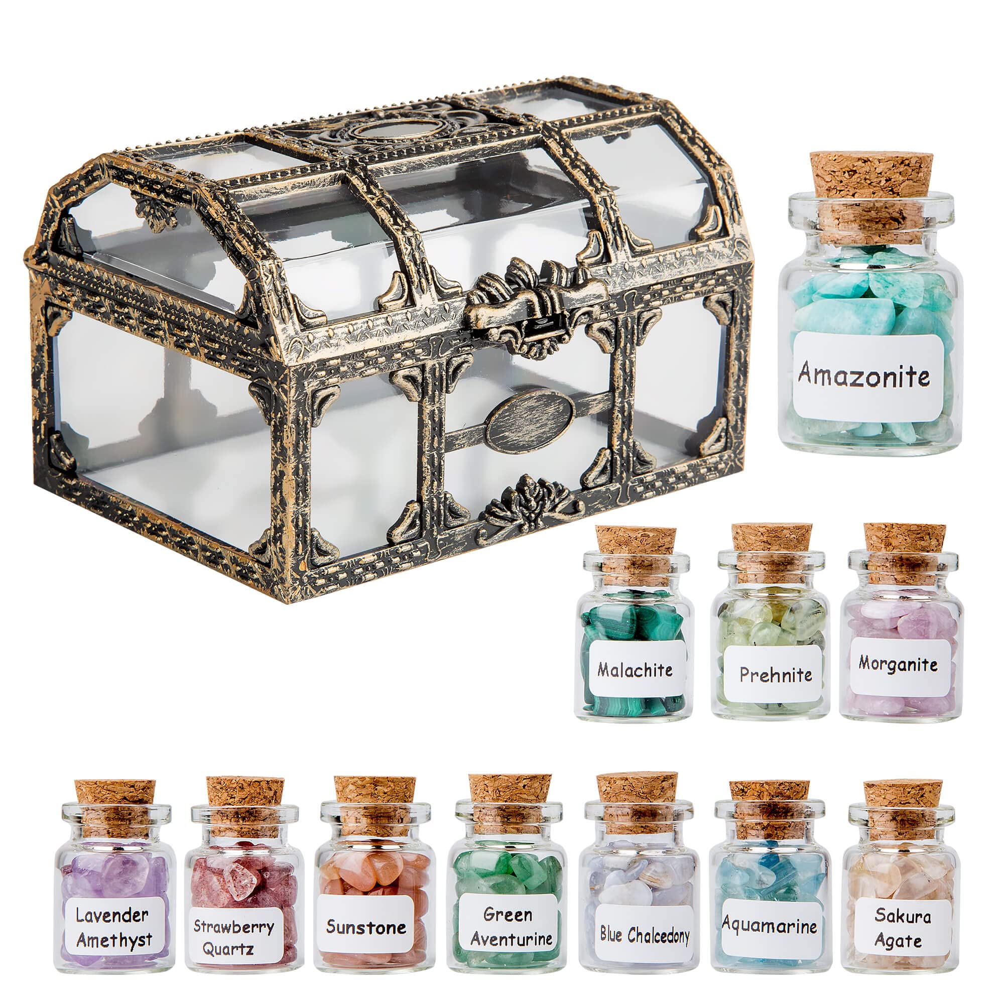 Lezoroqota crystal chips bottle set: assorted stones for calm display and energy.