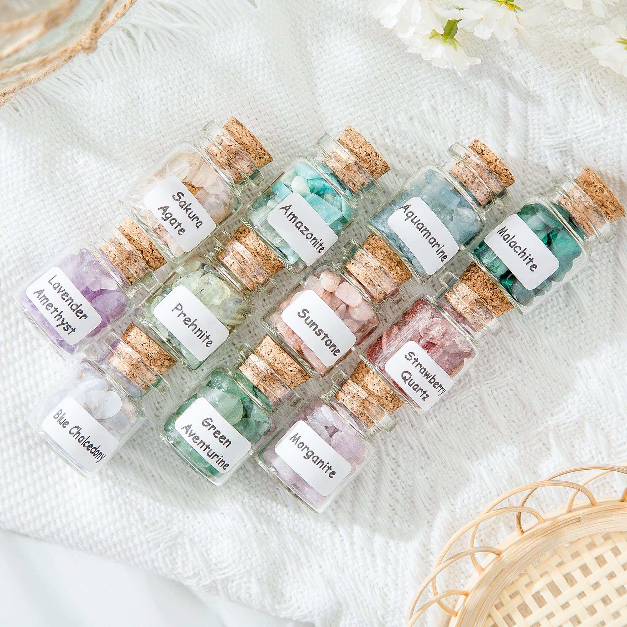 Lezoroqota mini crystal bottles display: compact charms for altar setups.