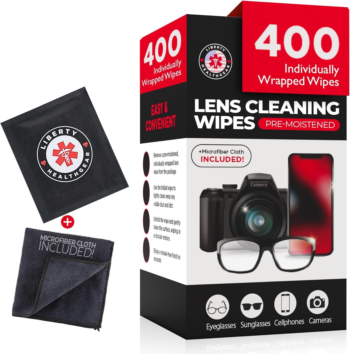 Liberty HealthGear 400 eyeglass wipes pack for streak-free glasses on the go.