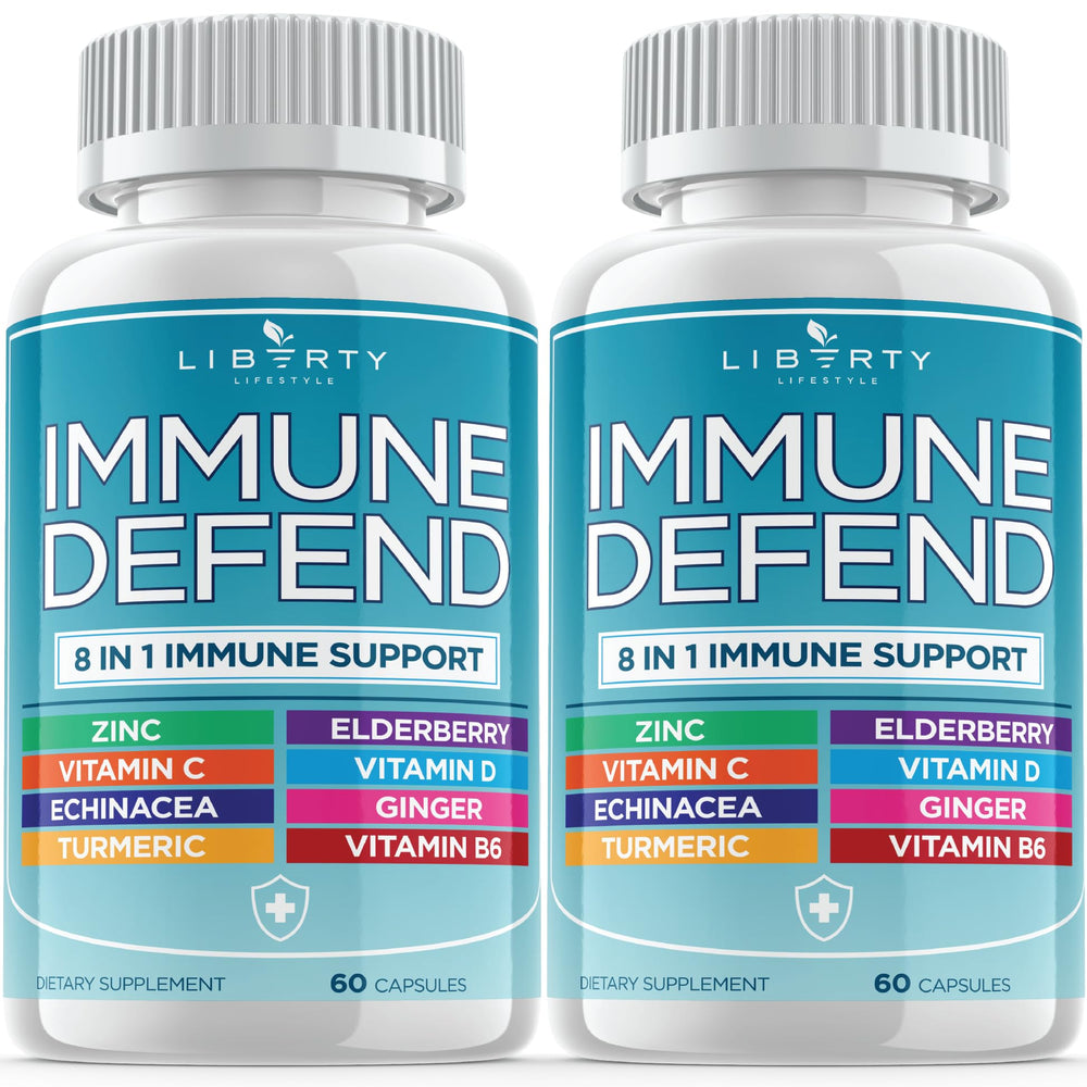 Liberty Lifestyle 8-in-1 immune defense bottle supports daily wellness.